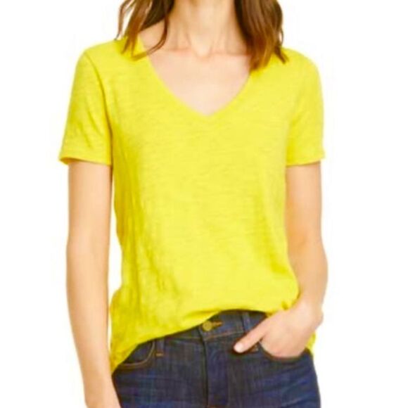 J.Crew Factory Yellow Fitted Short Sleeve Cotton T-Shirt Ribbed Deep VNeck M - Picture 1 of 10